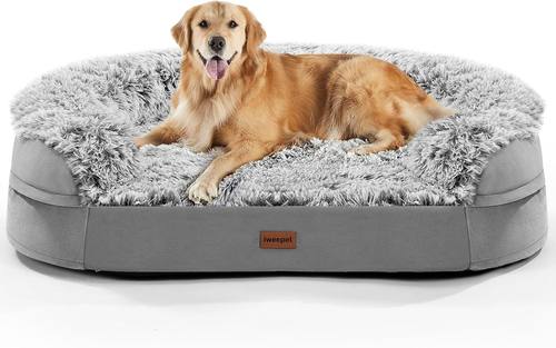iweepet Fluffy Calming Orthopedic Dog Beds for Large & Extra Large Dogs, 44 inch Supportive Dog Sofa Bed with 3.7 inch 28D Egg-Crate Foam, Removable Washable Plush Cover, Waterproof Lining, Grey