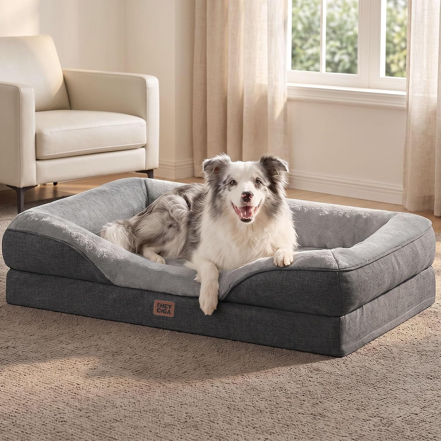 EHEYCIGA Orthopedic XL Dog Bed for Large Dog, Memory Foam Dog Couch, Grey