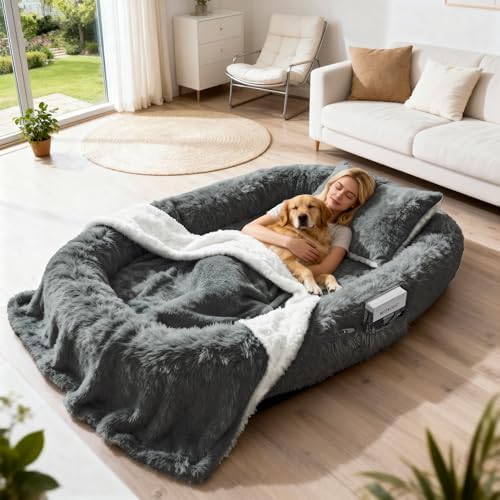 71" Human Dog Bed for Adult, Giant Orthopedic Memory Foam Dog Sofa Bed, Large Oversize Washable Faux Fur Pet Couch with Plump Pillow, Blanket, Strap - Dark Grey : Pet Supplies