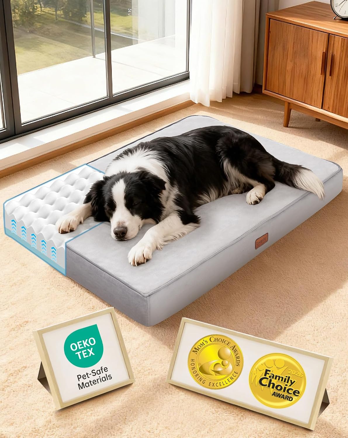 OhGeni Orthopedic Waterproof Med Large Dog Bed, Memory Foam, 36 inch(Gray)